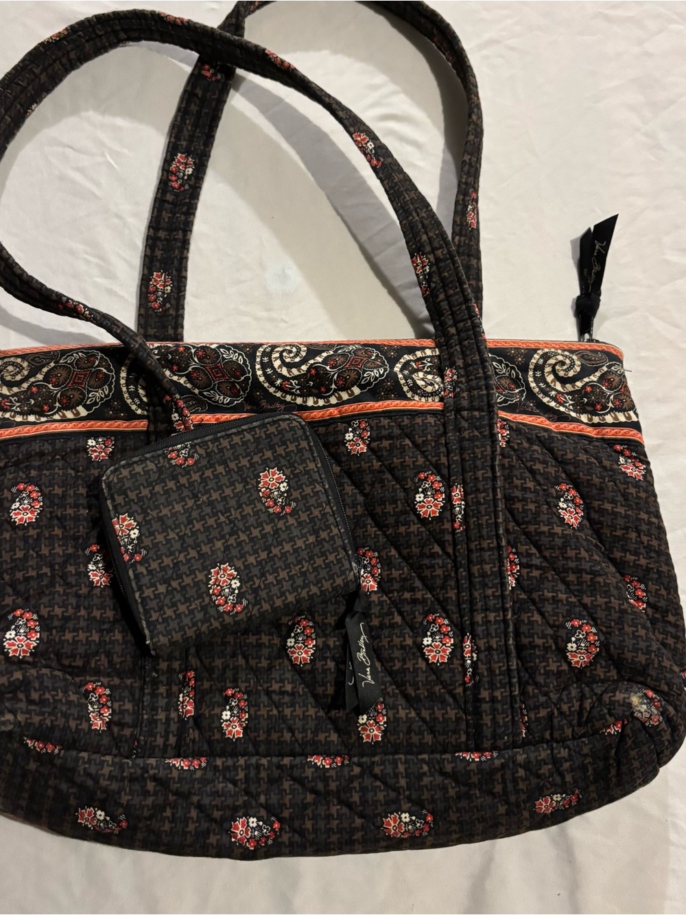 Vera Bradley Quilted Tote & wallet in Brown with Coral and Cream Floral Accents